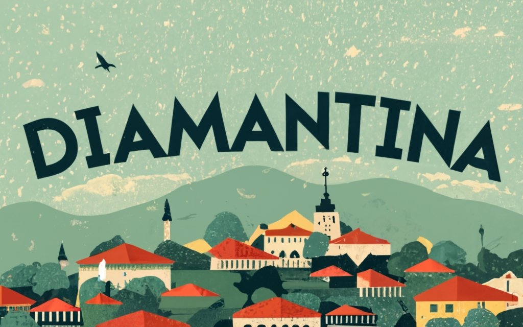 Um design que mostra a cidade de Diamantina e um texto com o nome dela.